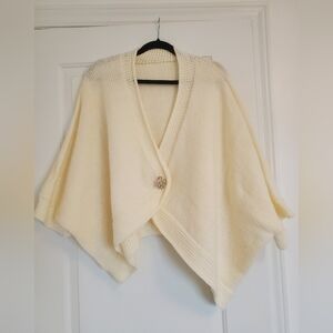 Handmade Knit Cream Knit Wrap Sweater Poncho with Decorative Brooch Grandma Core